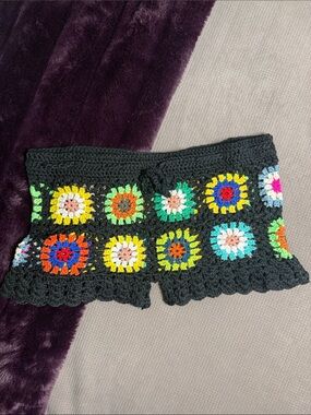 Black Crochet Skort with Multicolor Floral Squares